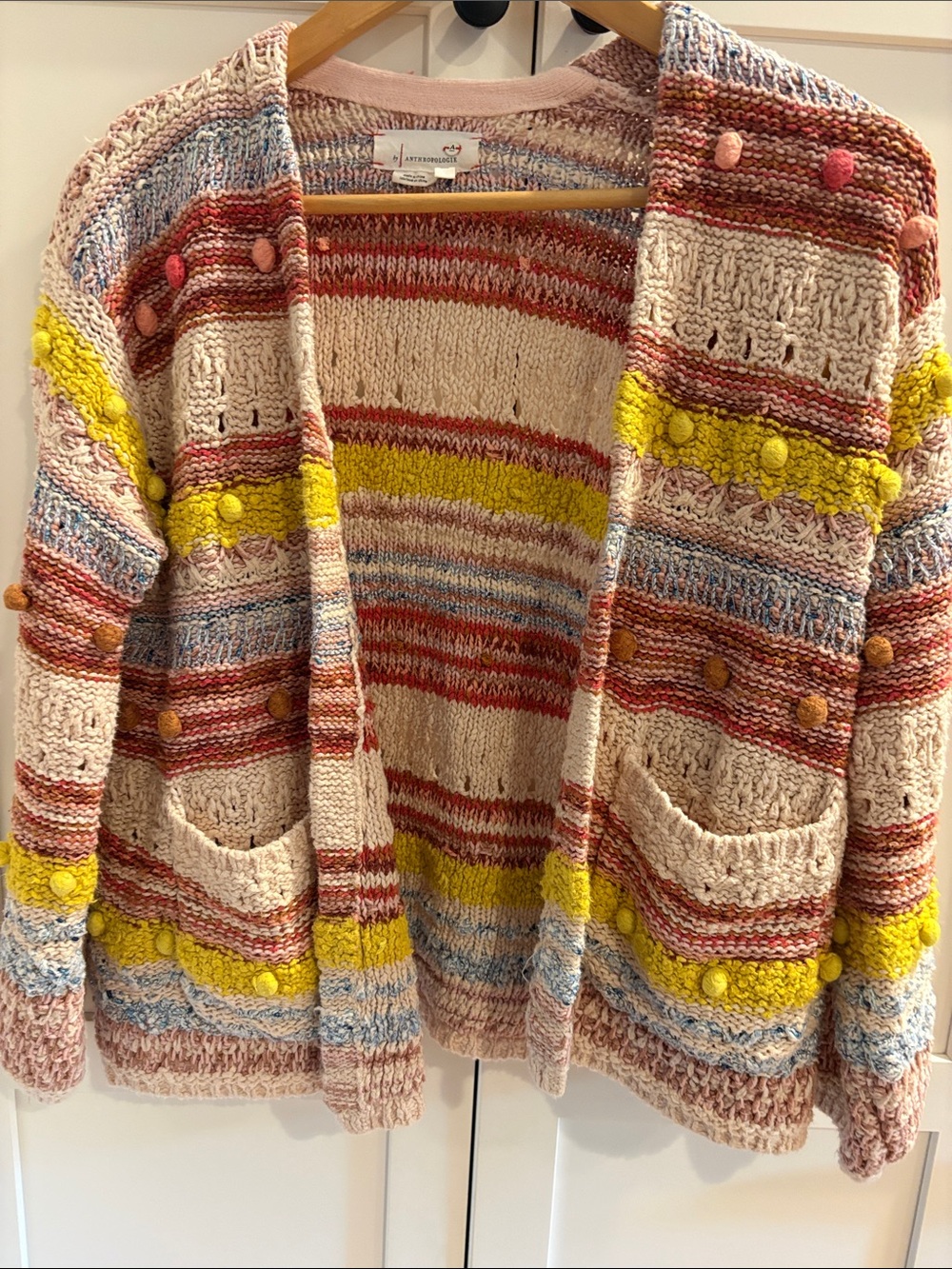 Anthropologie Multicolor Striped Bobble Cardigan in Cream, Yellow, Pink, Blue